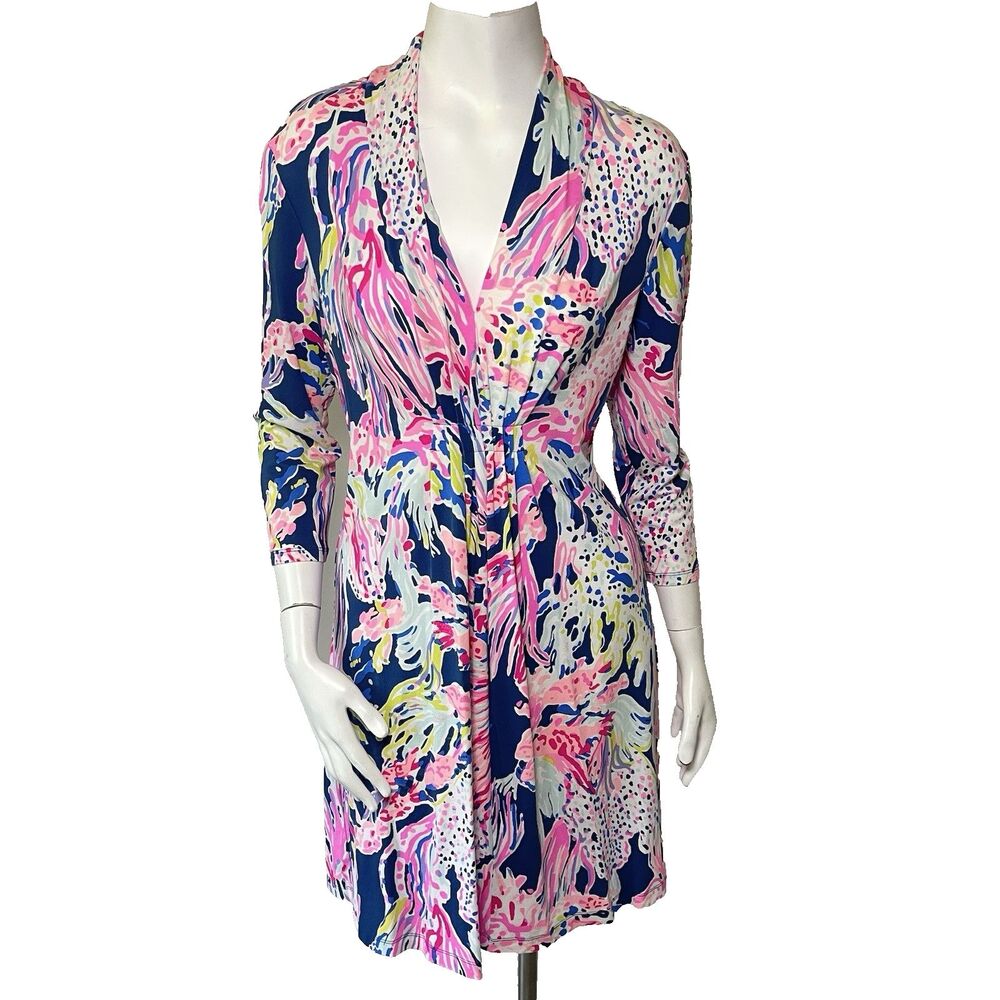 Lilly Pulitzer 3/4 Sleeves Margate Stretchy Knit Dress M Indigo Sunken Treasure